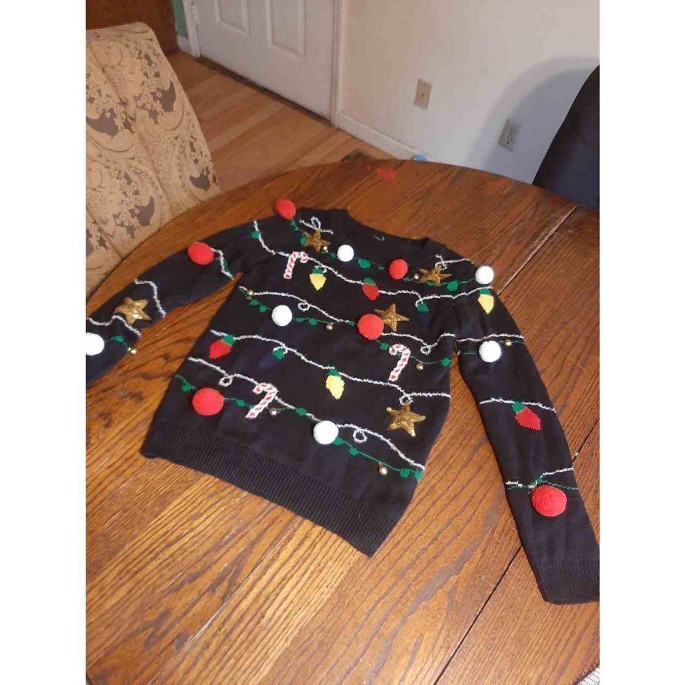 Medium? Christmas Holiday Sweater Pom Poms XMAS  Lights Candy Canes Bells Bows